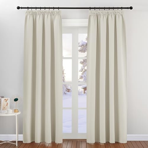 PONY DANCE Verdunklungsvorhänge Schienen 2er Set H 220 x B 140 cm Blickdichte Gardinen mit Kräuselband Vorhänge Wohnzimmer Wärmeisolierend Thermogardinen Hitzeschutz, Hellbeige