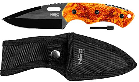 NEO TOOLS Survival Klappmesser 20 cm, Klinge 9 cm, faltbare Struktur, 420 Edelstahl, Multifunktional, Messer, Pfeife, Feuerstein, Ringschlüssel, Glasbrecher, Gürtelclip, Kunststoffgriff