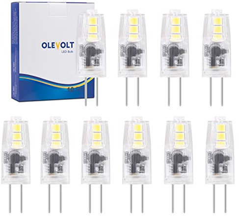 OLEVOLT LED Leuchtmittel Stiftsockel G4 Kaltweiß 12V LED G4 Stifsockellampen 6000k 180LM 1.5W Ersatz für 20W G4 LED Halogen Lampe Kein Flackern Nicht Dimmbar 360°Lichtwinkel 10er Pack