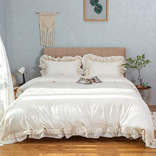 GLORY SEASON 100% Cotton Duvet Cover Set Ruffle Lace Edge Natural White Non-Dyestuff Ivory Washed Comforter Cover Bedding Sets, Matching Shams Ivory, King 230x220cm