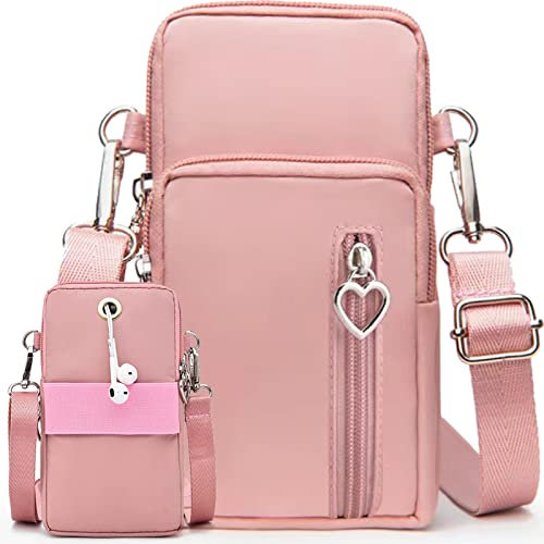 Casecret Handytasche zum Umhängen mit Geldbörse Damen Handy Tasche Pouch Kleine Umhängetasche Brieftasche Portemonnaie Armtasche Sportarmband für iPhone 14 13 11 Samsung S22 Xiaomi Bis zu 7.5 Rosa