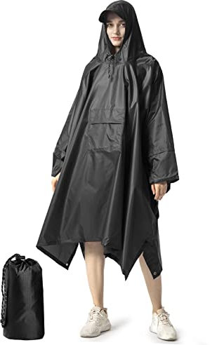 NUUR Regenponcho Herren Damen Unisex Regencape Regenmantel Regenjacke Wasserdicht Hiking Cycling Outdoor 3in1 Mehrzweck Wiederverwendbar Rain Poncho mit Kapuze Dunkelschwarz