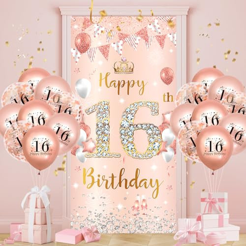 Rose Gold 16th Birthday Decorations Banner for Girls, Happy 16th Birthday Door Banner with 18pcs 16th Balloons for Girls 16th Birthday Anniversary Party Backdrop Decor Supplies Sign Porch Background