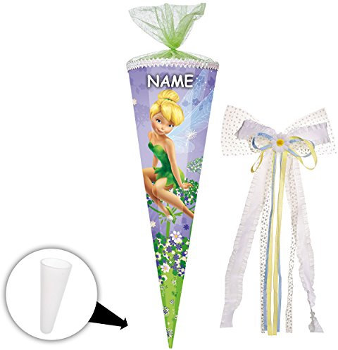 alles-meine.de GmbH Schultüte - Fairies - Fee Tinkerbell - 22 bis 100 cm - rund - eckig - incl. Name und große 3-D Effekt Schleife - Organza - Blumenabschluß - Zuckertüte - mit..