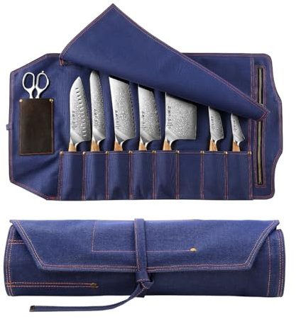 HEZHEN Sac à Couteaux de Chef, 16oz Toile Épaisse Rouleau de Couteau, Portable Sacoche de Rangement Couteau Cuisine, 8 Fentes-1 Poches à Fermeture Éclair-1 Poche-Bleu Foncé(Pas de Couteaux)