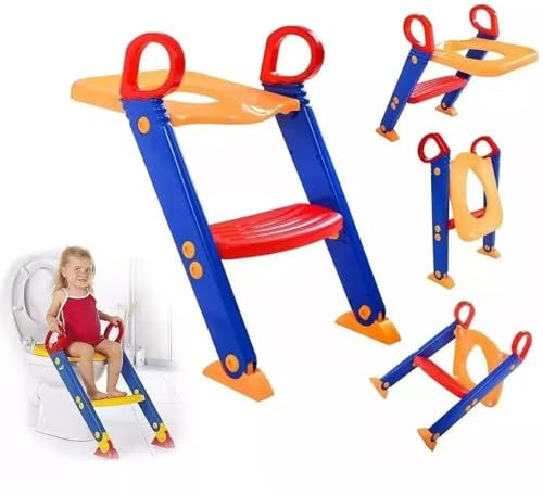 Kids Toilet Training Adjustable Potty Ladder Seat with Steps Handle and Soft Cushion Non Slip Space Efficient Toddlers Children Baby Toilet Stool Seat Foldable Easy Assembly Splash Guard Included