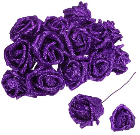 sourcing map 50pcs Glitters Roses Artificial Flower, Fake Roses with Stems Foam Real Touch Faux Roses for Wedding Party Office Shower Home Decoration, Purple