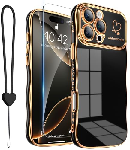 ROYBENS Wave Case for iPhone 16 Pro, Screen Protector Wrist Strap, Black