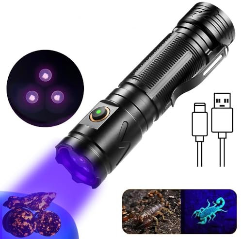 VASTFIRE 30 W Dreifach-LED-UV-Taschenlampe mit 365 nm schwarzer Linse – Typ-C wiederaufladbar, IPX4 wasserdicht & Tastensteuerung – Erkennt Haustierurin/Währung/Lecks (155 g kompakt, 130 x 35 x 30 mm)