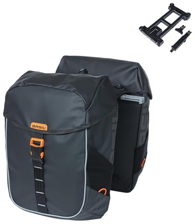 Basil Miles Tarpaulin Doppeltasche MIK - 34L - Wasserdicht - Inkl. abschließbarem MIK-System - Perfekt für Radtouren - Schwarz/Orange
