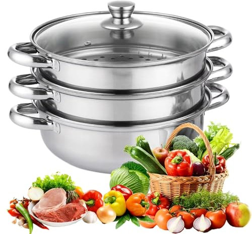 POCDOKYZ Dampftopf mit 3 Ebenen, Dampfgarer aus Edelstahl, Topfdurchmesser: 28 cm + sichtbarer Deckel + Dampfbleche aus Edelstahl, für Gasherd, Induktionsherd, Elektroherd,Metallic