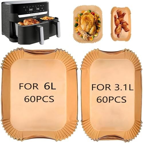 120Pcs Papier Cuisson Air Fryer pour Moulinex EZ901820 5,2/3,1 L, Philips Dual Basket Airfryer Série 3000,Philips NA350/00 6L/3L.Accessoires Airfryer Pour Friteuse 2 tiroirs
