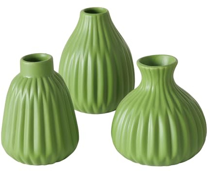 Handgearbeitete Steingut Blumenvasen im 3er-Set – grün, matt | Wasserdichte Tischdekoration für Blumen & Gräser – moderne Riffeloptik für Esszimmer, Wohnzimmer, Hochzeiten – Seaside No.64