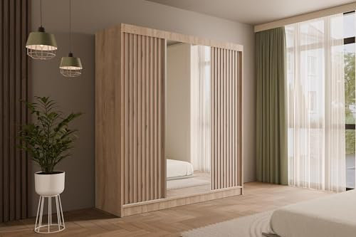 ALTDECOR Kleiderschrank mit Spiegel und Schiebetüren, Garderobenschrank mit Lamellentüren Schwebetürenschrank mit Lamel, Schrank V2-ZENTI 215x200 cm Sonoma Eiche/Weiß