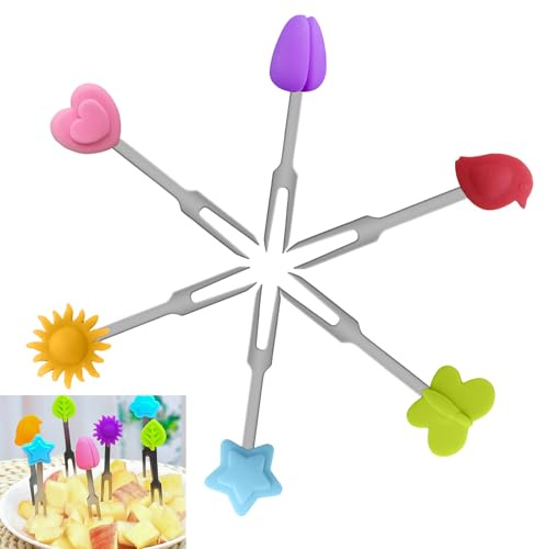 6 Piezas Tenedores de frutas, Mini palillos de dientes reutilizables, Tenedores Postre Acero InoxidableMini con decoración de silicona, Para Familias, Restaurantes, Fiestas Y El Hogar