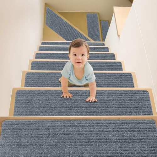 Suimlmta Stair Treads Carpet 14 Pack Grey Stair Rugs Mats Non-Slip Self Adhesive Carpet Runner Pads 20 x 76 cm Step Protectors Cover for Kids Elders Pets Stair Carpet Tiles