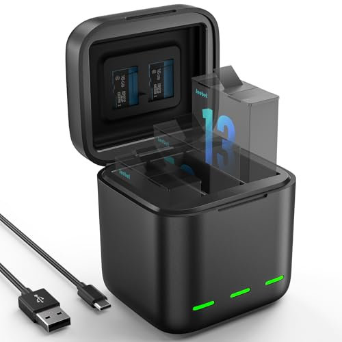 Jeebel Caricatore per Batterie per GoPro Hero 13 Black — 3-Slot Caricatore con Ricarica Rapida e Cavo USB-C — Caricatore Compatto Compatibile con Batterie Originali GoPro Hero 13 Black(Senza Batteria)