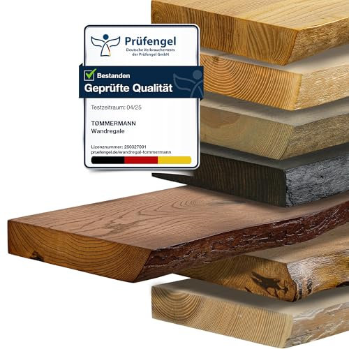 tømmermann - Wandregal mit Baumkante - massives Schweberegal Farbe Teak 70 cm Länge - Regalbrett aus Eschenholz 100% natürlich - Rustikales Wandboard mit unsichtbarer Wandmontage Massivholzbrett