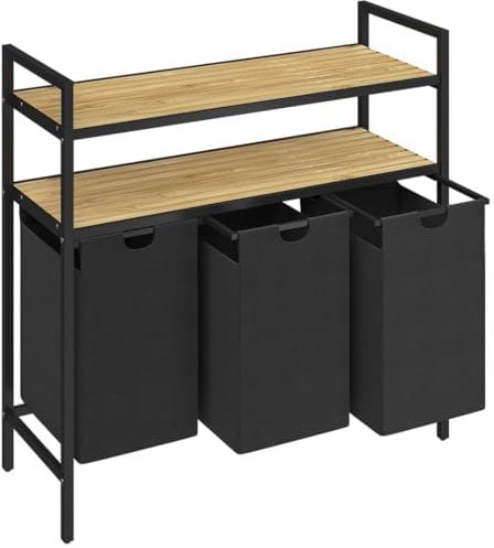 STEELSØN Rigil Wäschekorb 3 Fächer – Wäschesammler mit 2 Bambus Ablagen – Wäschesack ausziehbar – Wäschesortierer schwarz – Wäschebox 3x 40l für Bad/Schlafzimmer– Laundry Baskets mit Metallrahmen