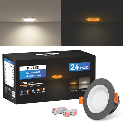 KEELED Einbaustrahler LED 230V 6W, mit Nachtlicht 1.5W, Schwarz Spots Deckenleuchte 3000K/4000K/6000K Wählbar, Schnittloch 70-85mm, IP44, Gehäuse aus Aluminiumdruckguss, 24er Set