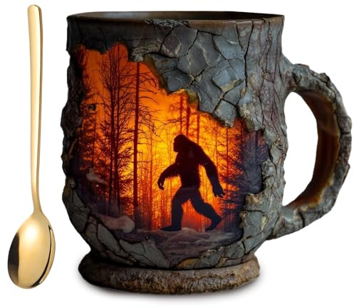 3D Retro Bigfoot Coffee Mug with Stainless Steel Spoon, Novelty Coffee Mug for Camping Hiking, Funny Cute Mug - Ideal Funny Gifts & Unique Birthday Gifts for Men, Perfect for Animal/Creature Lovers