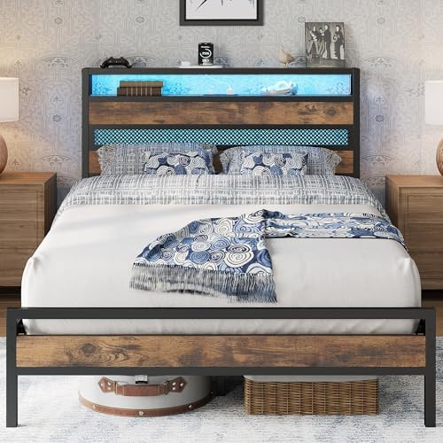 IRONCK 4ft Small Double Bed Frame with Storage Headboard and Charging Station/LED Lights, Metal Platform Bed Frame Small Double, Reinforced Strong Support Leg, UnderBed Storage, Vintage Brown