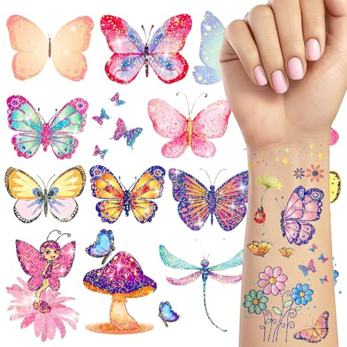 TatoYard Schmetterlings Tattoos für Kinder, 130 Stück Glitzer Tattoo Set für Nikolaus Geschenke Mädchen ab 5 6 7 8 9 Jahre, Glitter Girls Mitgebsel Kindergeburtstag Adventskalender Füllung Kinder