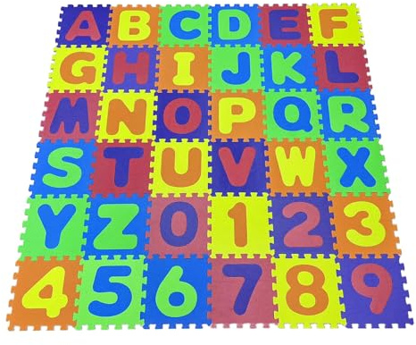Puzzlematte Baby, Krabbelmatte Kinderteppich, Buchstaben & Zahlen, Spielteppich für Kinder,Einzelteilgröße: 32 × 32 × 0,9 cm， Boden Geruchlos & Wasserdicht, Ausführung D (36 Buchstaben + Zahlen)