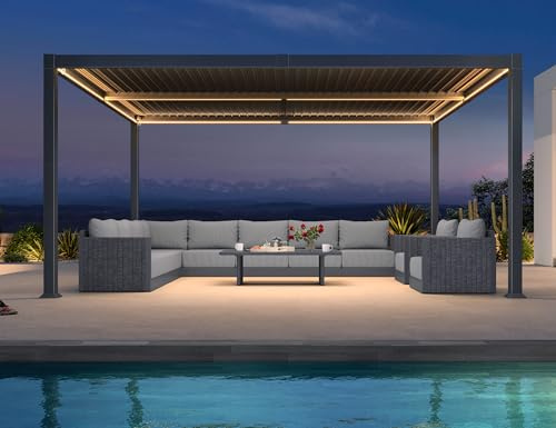 PURPLE LEAF Pergola Bioclimatica 4 x 4,6 m in alluminio con lame orientabili e LED, Pergola giardino esterno, durevole e senza manutenzione, gazebo da giardino esterno per terrazza e balcone, grigio
