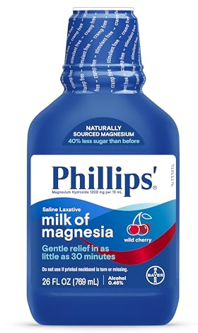 Phillips’ Milk of Magnesia Liquid Laxative, Wild Cherry Flavor, Stimulant Free, Cramp Free Relief of Occasional Constipation*, Effective in 30 minutes - 6 hours, #1 Milk of Magnesia Brand, 26 oz