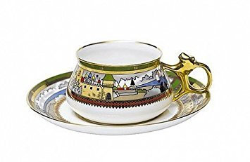 Lomonosov Porzellan-Tasse und Untertasse Bilibina Village at the Lake 180 ml