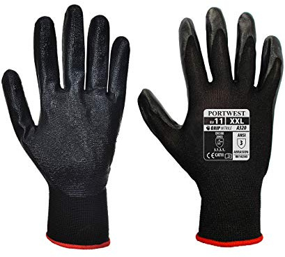 Portwest A320 Grip 13 Nitrile Foam Glove 15 Gauge Breathable Seamless Liner | Black, 2X Large, EN ISO 21420 Dexterity 5, CE Certified, EN 388 (2121X), 100% Polyester, Durable, Waterproof, Workwear