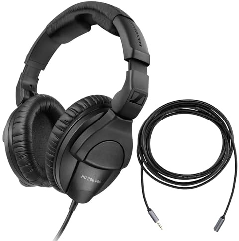 Sennheiser HD 280 Pro Circumaural Closed-Back Monitor Headphones with H&A Stereo Mini Male to Stereo Mini Female Headset Extension Cable 10'
