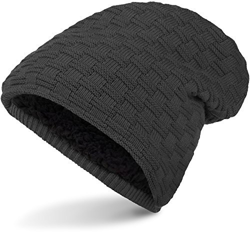 Balinco Warme Feinstrick Beanie Mütze mit Flecht Muster Grobstrick und sehr weichem Innenfutter, Unisex (Dark Grey)