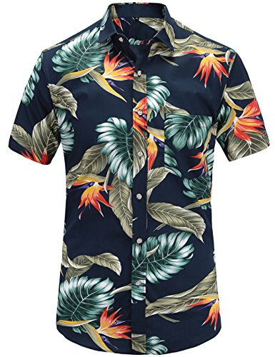 JEETOO Homme Chemise Hawaienne Casual Manches Courtes à Fleurs Été (Marine - Plumes, Large)