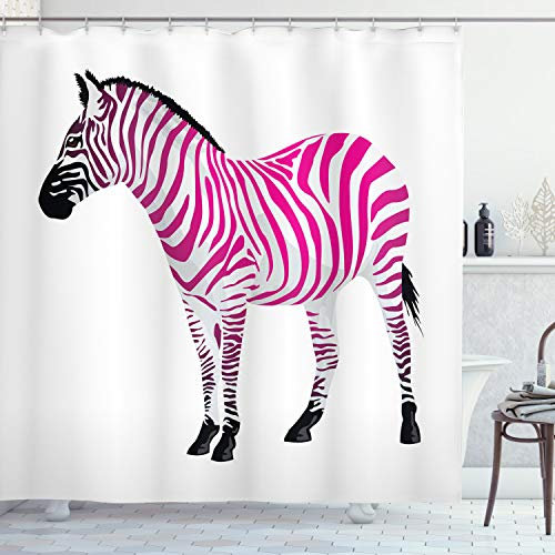 ABAKUHAUS Zebra Duschvorhang, Savannah Tierkunst, Stoffliches Gewebe Badezimmerdekorationsset mit Haken, 175 x 180 cm, Staub Schwarz