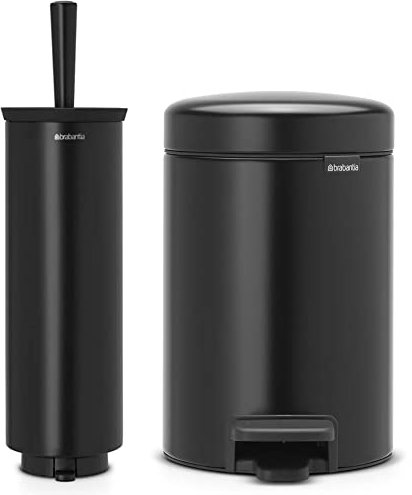 DJI Brabantia Pedal Bin Newicon with plastic inner Bucket, Matt Black - 3 L with Toilet Brush and Holder - Black