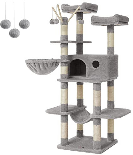 FEANDREA Cat Tree, Large Cat Tower, 64.6 Inches, Cat Activity Center with Hammock, Basket, Removable Fur Ball Sticks, Cat Condo, Light Gray UPCT087W01