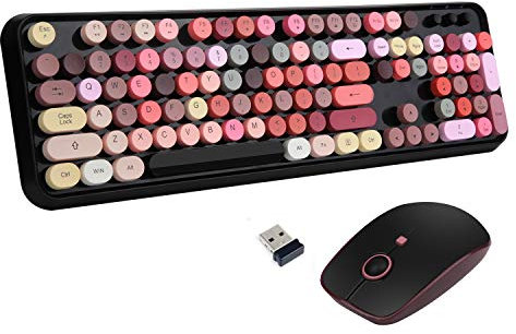 LETTON Wireless Keyboard Mouse Combo, 2.4GHz USB Typewriter with 108 Colorful Round Key, Full Size Office Computer Retro and Cute 3 DPI for Mac PC-Black