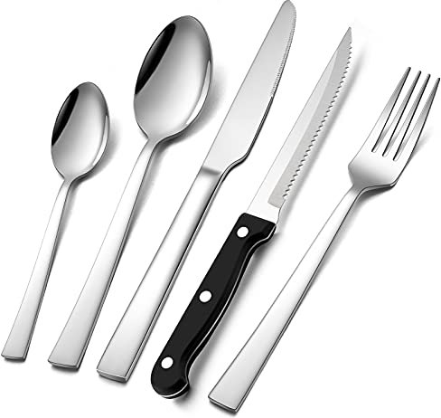 24 Piece Cutlery Set with 6 Piece Steak Knives, Homikit Stainless Steel Flatware Silverware Sets for 6 People, Elegant Tableware Set Included Knives Forks Spoons, Mirror Finished & Dishwasher Safe