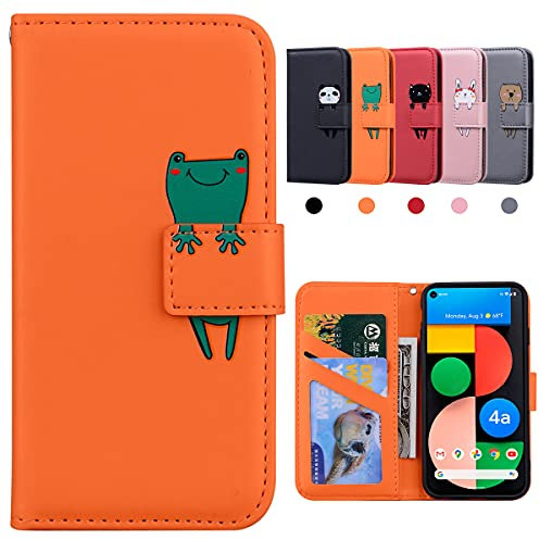 Kedic Hülle für Google Pixel 4a 5g, Handyhülle Pixel 4a 5g, Stoßfeste Schutzhülle, Google Pixel 4a 5g Hülle, Karikatur Flipcase für Google Pixel 4a 5G(6.2), Frosch, Orange