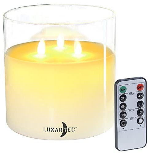 Lunartec LED Echtwachskerzen: LED-Echtwachs-Kerze im Windglas, 3 bewegliche Flammen, Fernbedienung (3-Dochtkerzen, Kerzen mit Ausschalt-Timer, Weihnachten)
