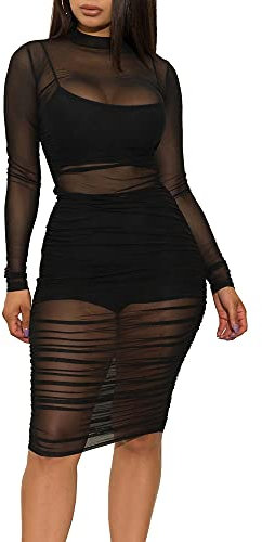 Women's Mesh Sheer Bikini Cover Ups Long Sleeve See Through Bodycon Mini Dress Beachwear (Black 3pcs Set, S)