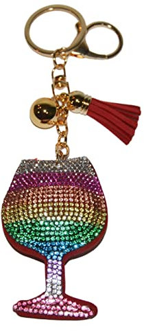 Popfizzy Schlüsselanhänger für Frauen und Mädchen, Strass Geldbörse Charm, Bling Rucksack Schlüsselanhänger, Kristall Tasche Charms, Spaß Schlüsselanhänger, Regenbogen-Weinglas
