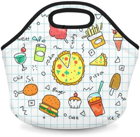 Bolsa de almuerzo de neopreno para alimentos de dibujos animados, para pizza, hamburguesa, con aislamiento suave, lonchera con aislamiento térmico, bolsas de picnic cálidas para mujeres, hombres,