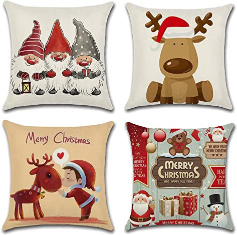 OCEUMACO Leinen Kissenbezug 50x50 Weihnachten Kissenhülle 4er Set Quadratisch Dekokissen Sofakissen Bezug für Couch Weihnachtsdeko Hirsch Muster Kinder Kissen Kissenbezüge Deko Zierkissen