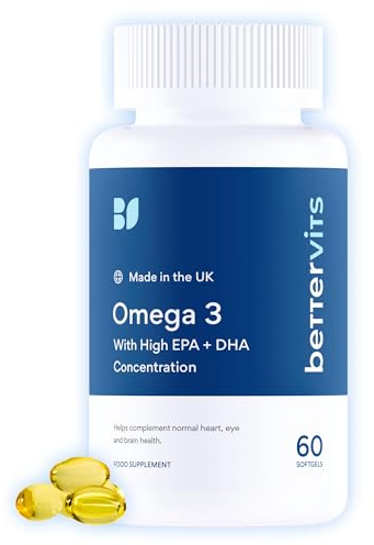 Bettervits Omega 3 Fish Oil 2000mg, 660mg EPA 440mg DHA, 60 Softgels | EPA and DHA support normal heart function at 250mg daily. DHA also supports maintenance of brain function. From anchovies.