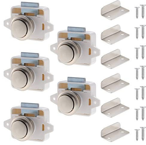 HSEAMALL 5PCS Push Button Latch Locks, Cabinet Drawer Catch Locks Cupboard Keyless Door Lock Knob for Caravan Motorhome Camper Van Boat,White and Nickel