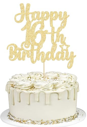 Gyufise 1Pc Happy 16th Birthday Cake Topper Gold Glitter 16 & Fabulous Sweet 16 Birthday Cake Pick for Celebrating 16th Birthday Anniversary Party Cake Decorations Supplies