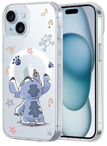 DiyGody Magnetic Case for iPhone 15 Plus 6.7Inch [Compatible for MagSafe], Cute Blue Big Ear Dog Cartoon Pattern Wireless Charging Phone Case Clear TPU Shockproof Protective Cover for iPhone 15 Plus